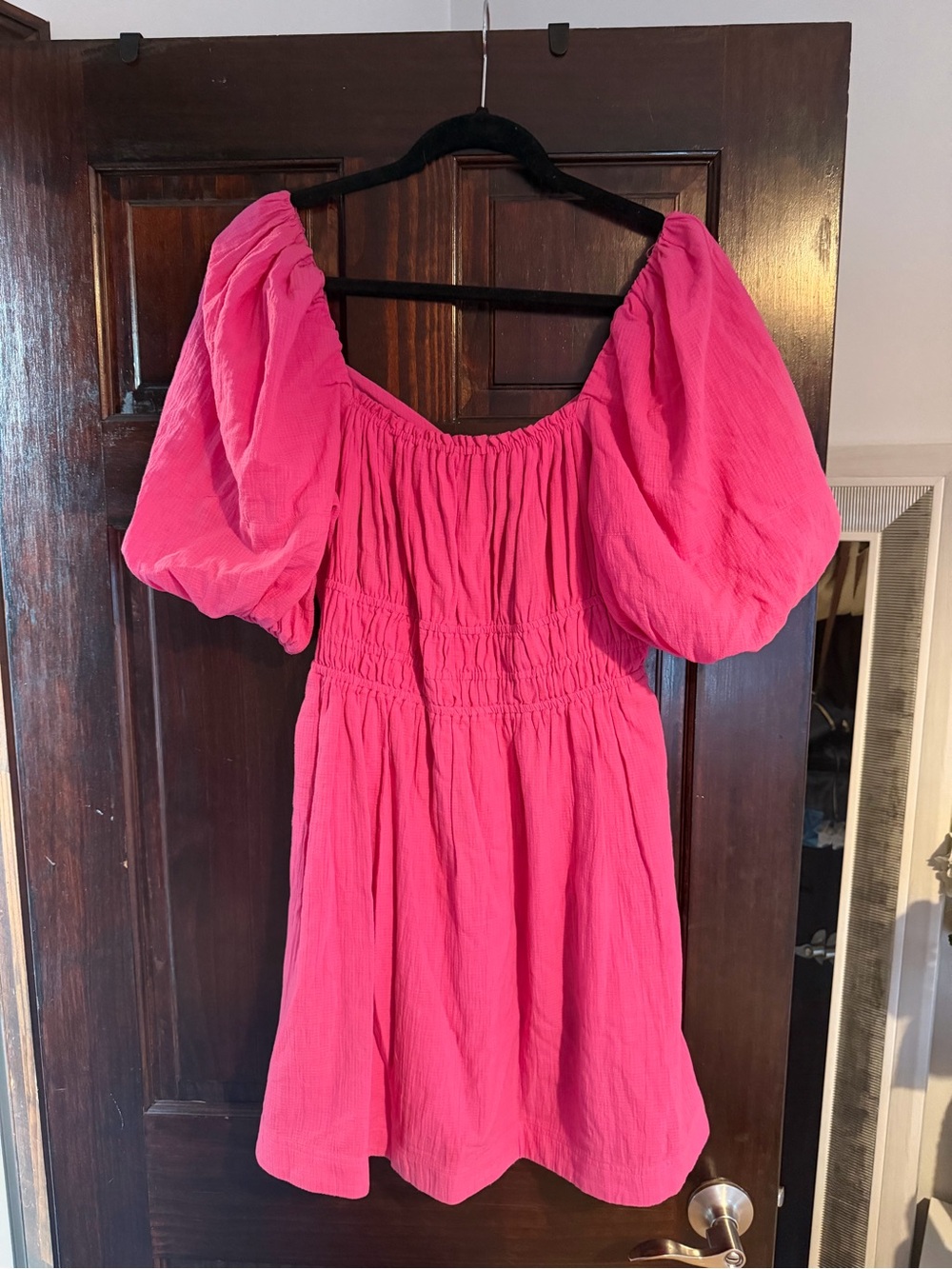 Maeve Hot Pink Puff-Sleeve Mini Dress